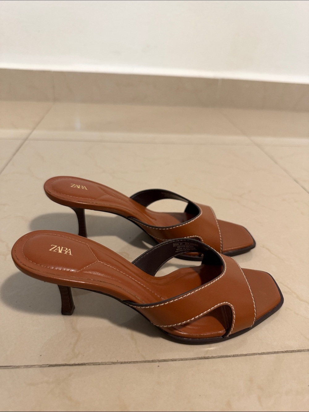 Zara Tan/Brown Leather Slide Mules for Women